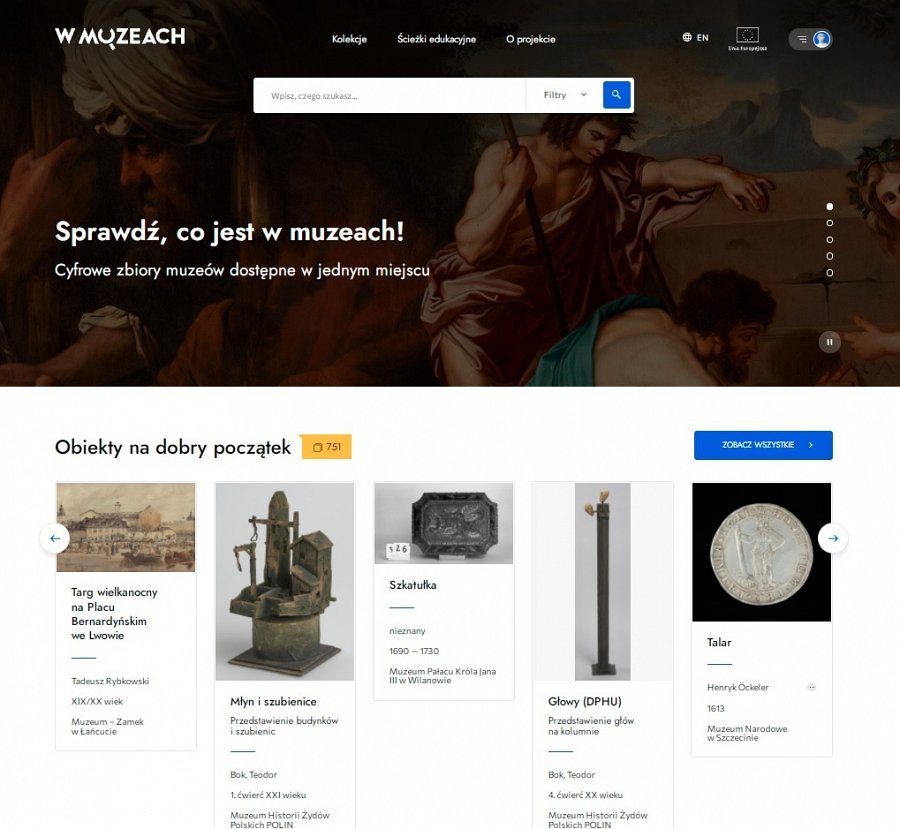 Projekt strony wmuzeach.pl, na której dostępne będą cyfrowe zbiory pięciu muzeów